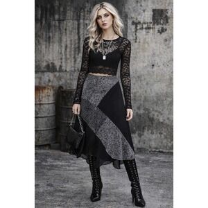 Allison Taylor Silk Midi Skirt L Black Gray Paisley Asym Hem Goth Grunge Alt